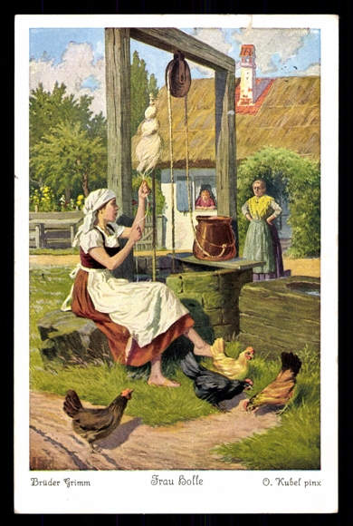 Goldmarie am Brunnen, Frau Holle Postkarte, O.Kubel, 1929