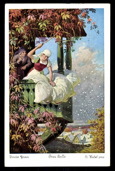 Goldmarie schüttelt das Bett aus, Frau Holle Postkarte, O.Kubel, 1929
