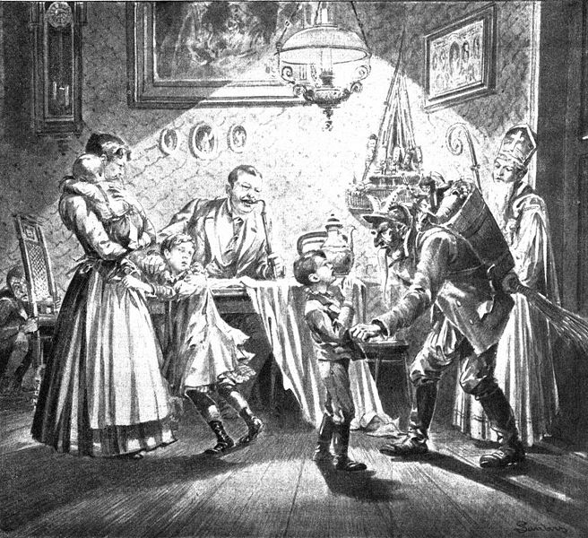 Besuch von Nikolaus und Krampus in der Stube, Zeitungsillustration aus dem Jahr 1896, Wikimedia Commons
