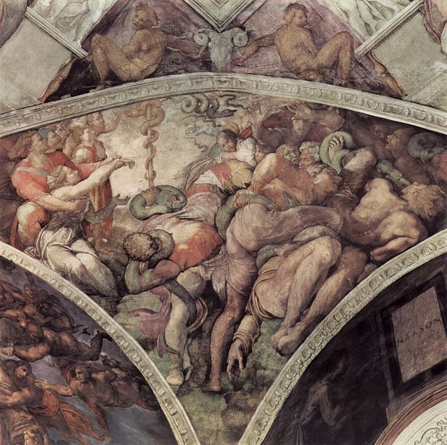 In 1508 Michelangelo's image of the Israelites deliverance from the plague of serpents by the creation of the bronze serpent on the ceiling of the Sistine Chapel. Wikimedia Commons.