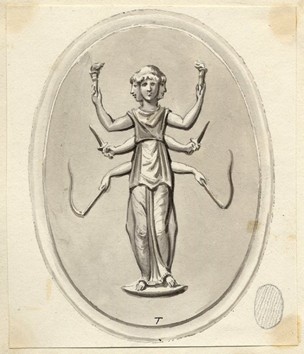 Glass paste intaglio engraved with Hecate trimorph, holding two torches, two daggers and two whips 1768-1805 British Museum