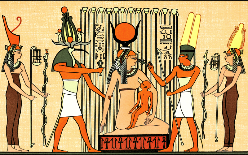 Isis in papyrus swamp suckling Horus